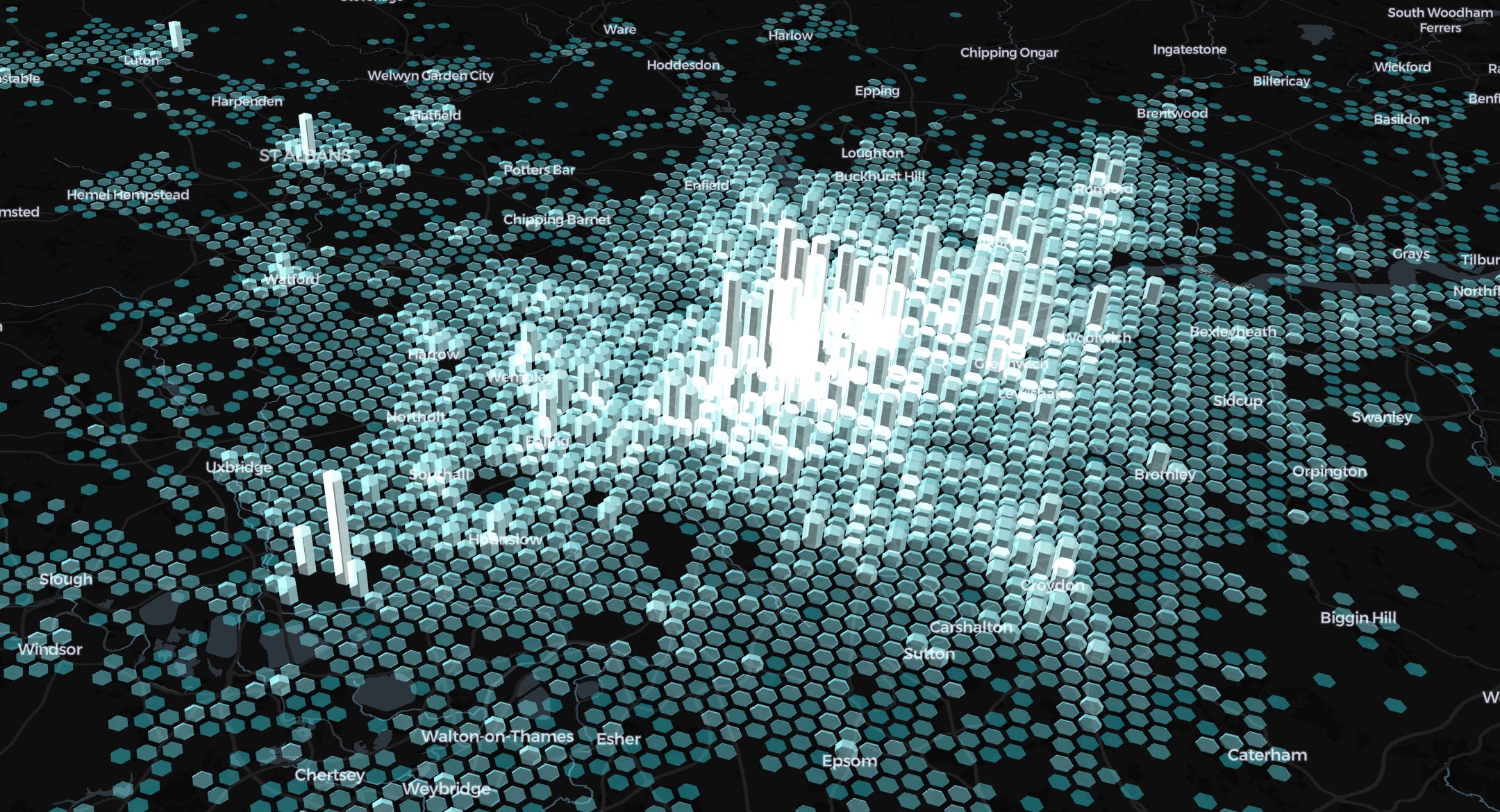 3D hex-bin heatmap visualising ride-demand density across Greater London boroughs