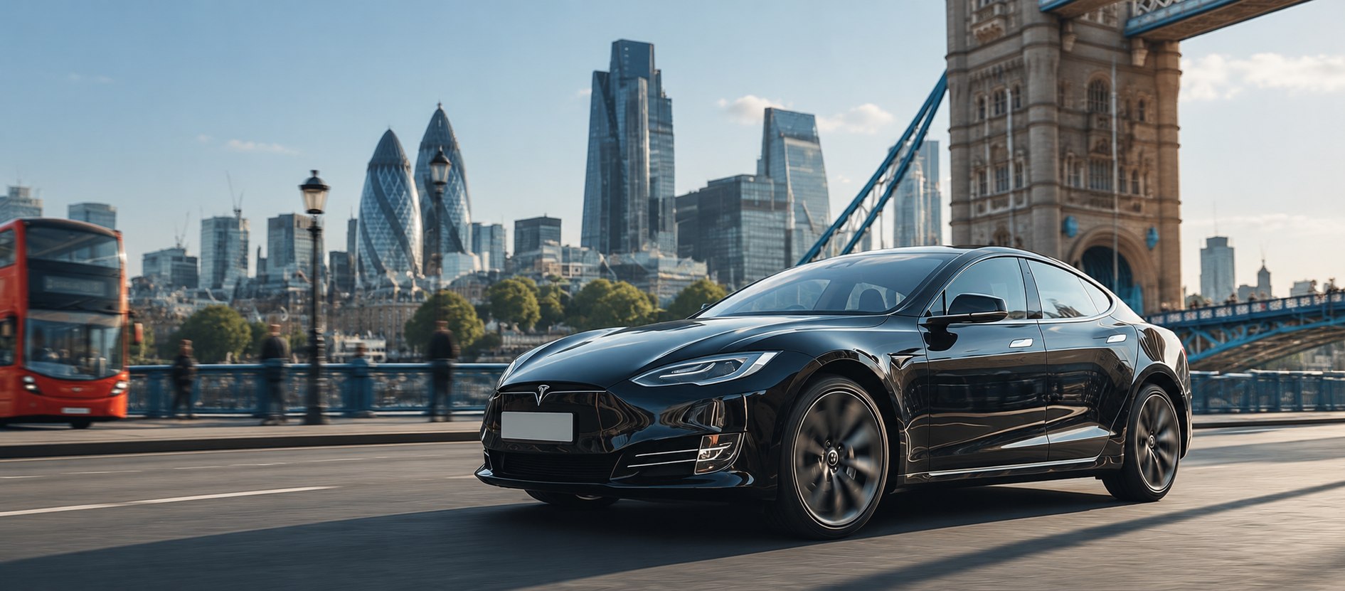 A black Odysse electric vehicle beside Tower Bridge in London