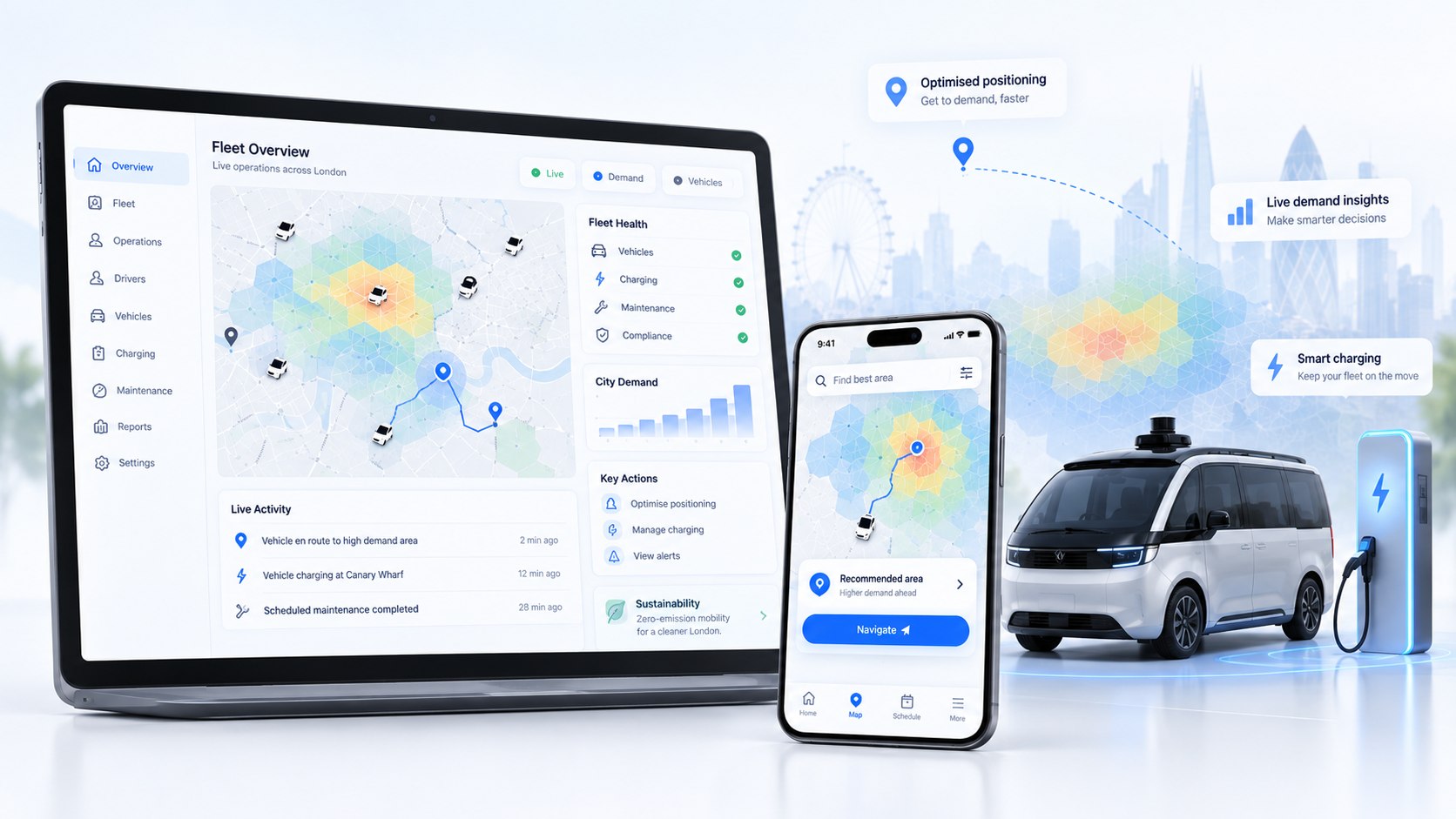 Odysse fleet dashboard on a laptop and driver app on a phone showing a London demand heatmap, beside an autonomous vehicle at a charger