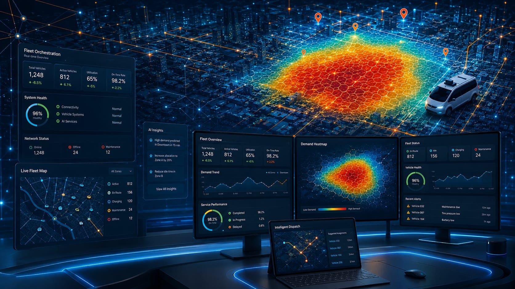 Odysse fleet orchestration dashboards showing live vehicle tracking, demand heatmap, and an autonomous vehicle over a connected city map